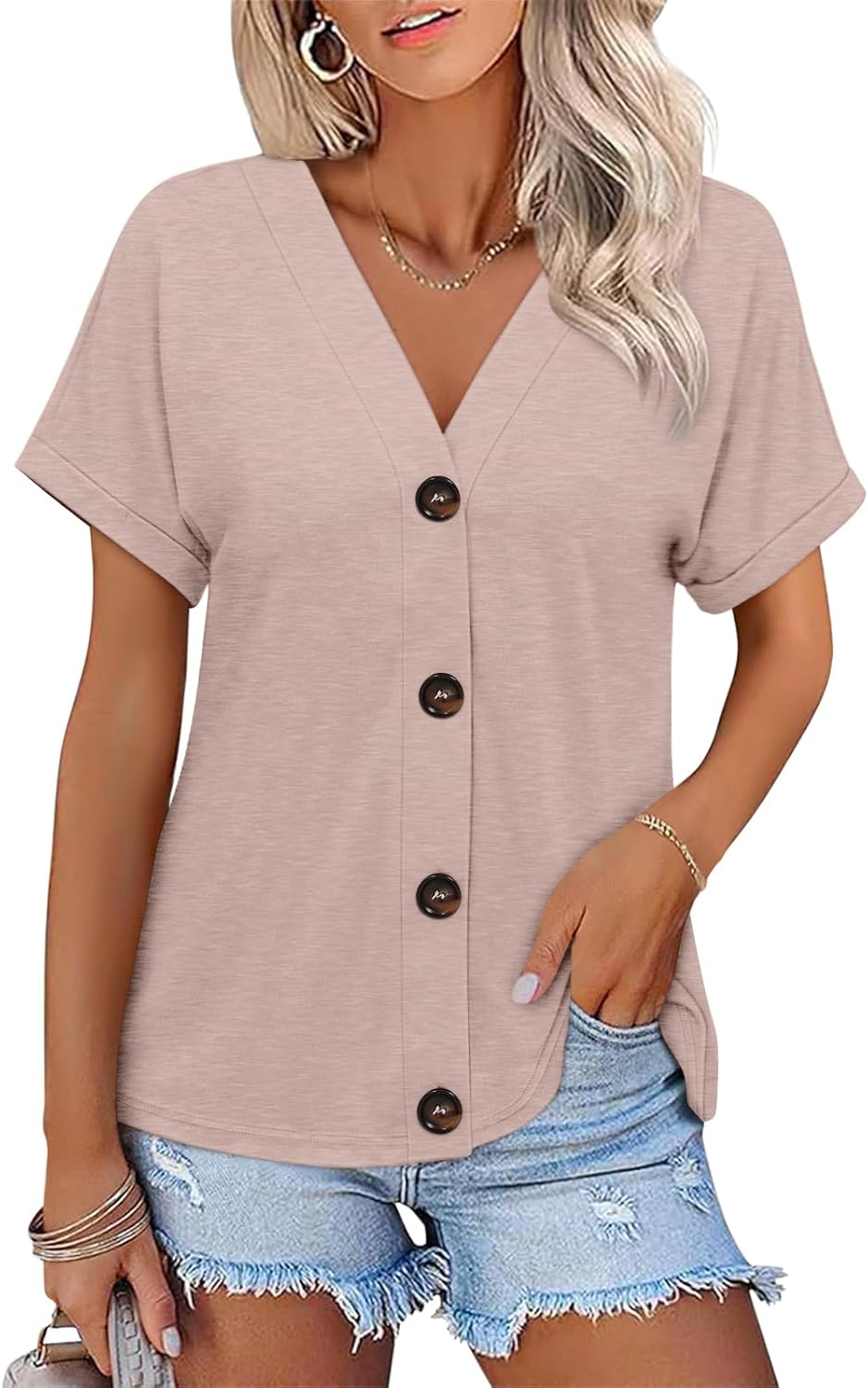 TICTICMISS Womens Summer Tops Short Sleeve Button Down Shirts Casual V Neck T Shirts Trendy Tunic Tops