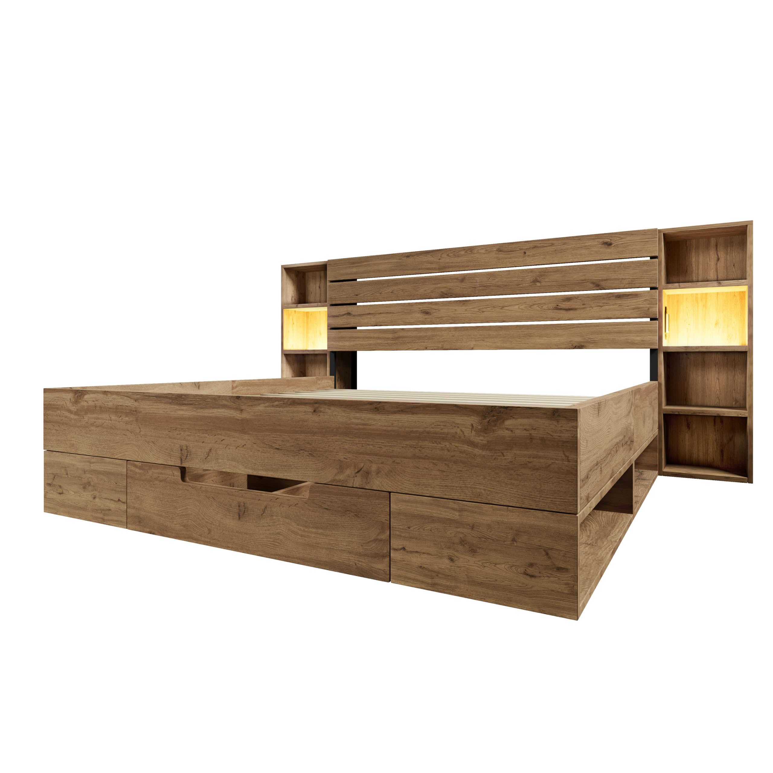 Massivholzbett 180x200 cm, Doppelbett mit Stauraum, LED-Beleuchtung & USB-C, Bett mit Kopfteil und Schubladen, Bettgestell mit Lattenrost aus Holz, Eiche, ohne Matratze