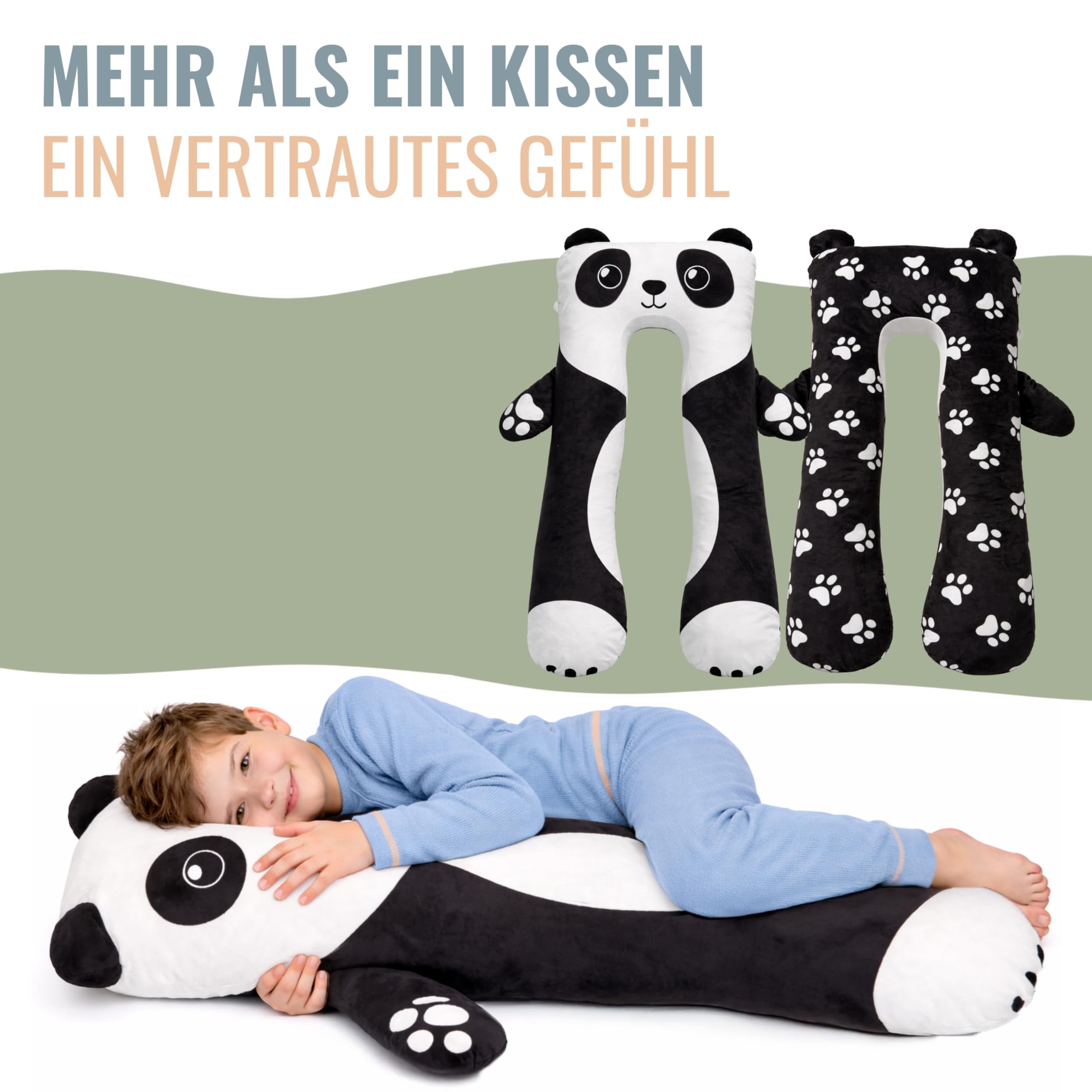 Panda Pillow Kissen Kinder 118x56cm – Seitenschläferkissen für Kinder | Kinderkissen I Schlafkissen, Bettschlange, Lesekissen & Kuschelkissen mit Wäschesack & E-Book Geschenke