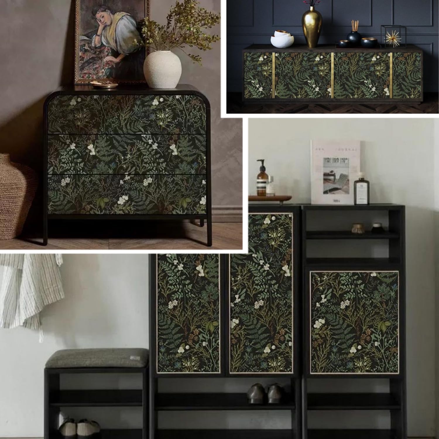 Dark Green Fern Botanical Shelf Liner Contact Paper Self Adhesive Vinyl Decorative Cabinet Liner Wallpaper for Kitchen Cabinets Dresser (Dark Green Fern, 17.3" x 118")
