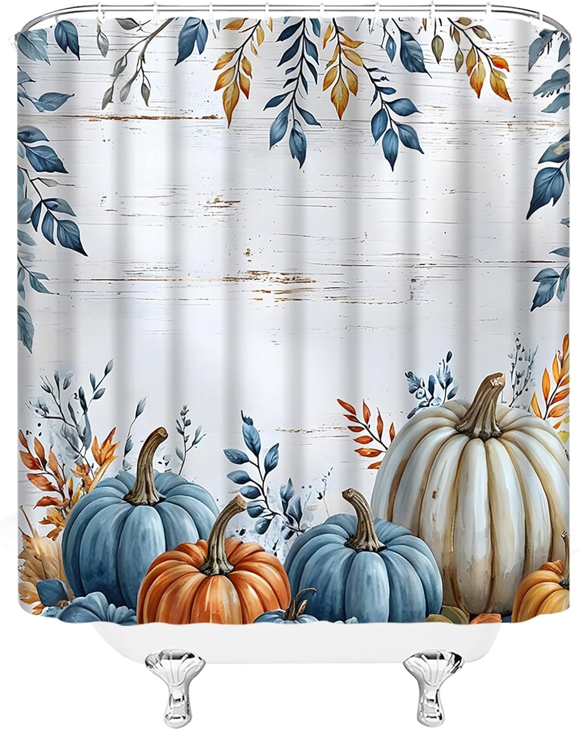 Fall Thanksgiving Shower Curtain Blue Orange Pumpkin Leaves Leaf Floral Wooden Rustic Watercolor Autumn Extra Long Bathroom Decor Curtain with Hooks,70" Wx78 H