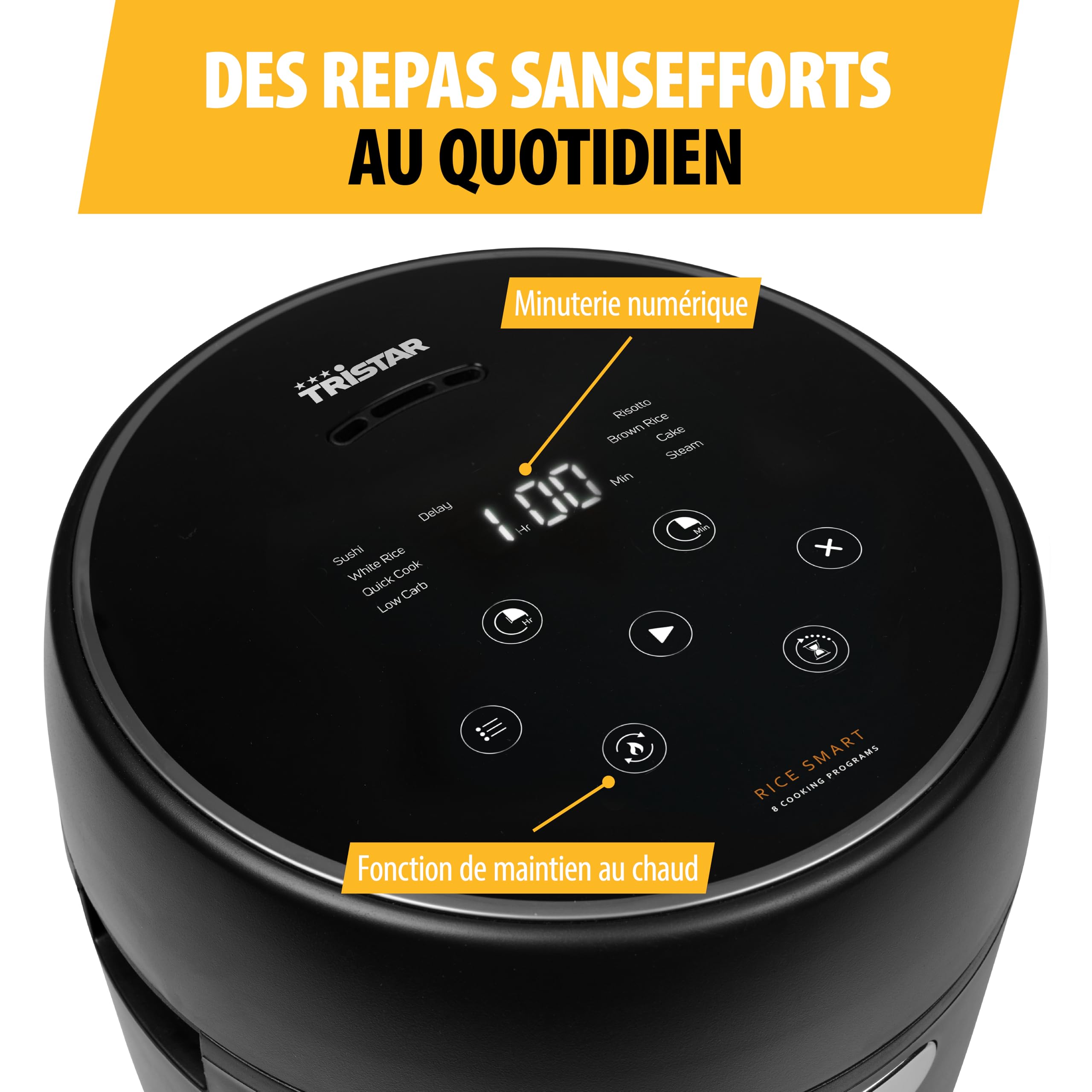 Tristar Cuiseur à Riz Numérique avec Fonction Low Carb, 8 Programmes Automatiques, Capacité de 0,6 L de Riz, Commandes Digitales, Facile à Nettoyer, RK-6238