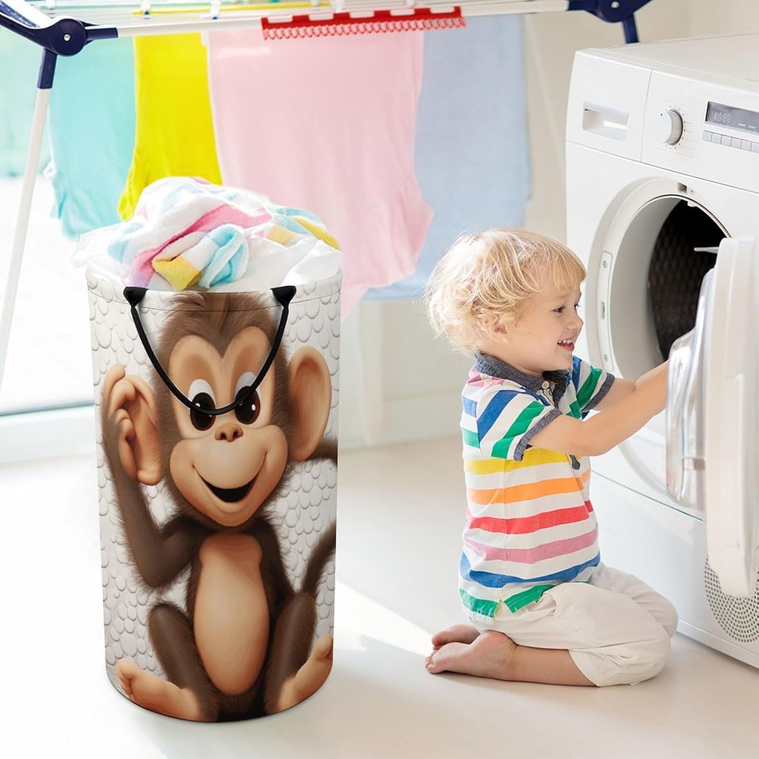 Cute Monkey Laundry Hamper with Handles Waterproof Collapsible Laundry Basket Large Lightweight Round Dirty Clothes Hamper for Home Dorm Bathroom Decor