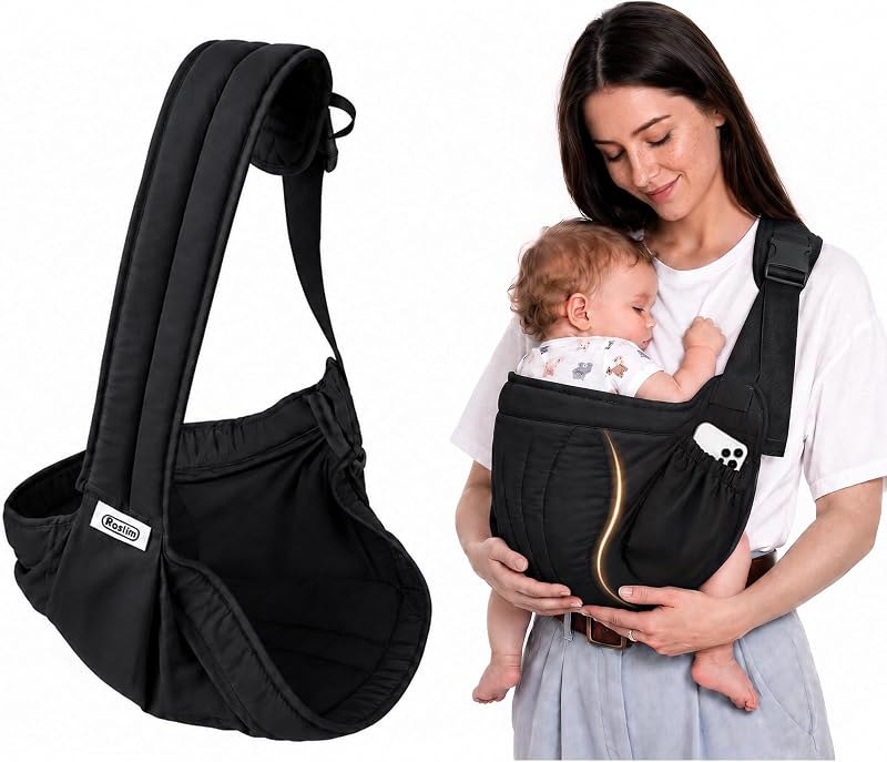 Baby Sling Carrier, One-Shoulder Side Sling with Ergonomic Curved Design, Padded Contoured Hip Area, Adjustable Lightweight Baby Carrier with Storage Pocket, Breathable & Travel-Friendly, Black