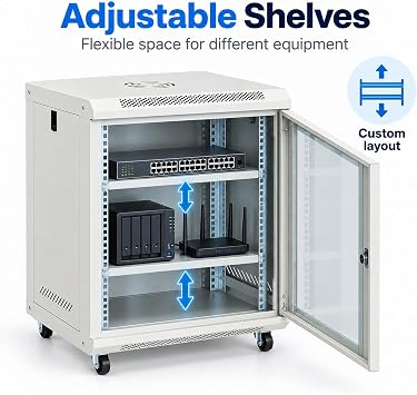 12U Wall-Mount & Rolling Network Cabinet for 19 Rack Equipment Locking Tempered Glass Door, Ventilated Side Panels, Adjustable Rails, Fan Ready, Cable Management, Heavy-Duty Steel