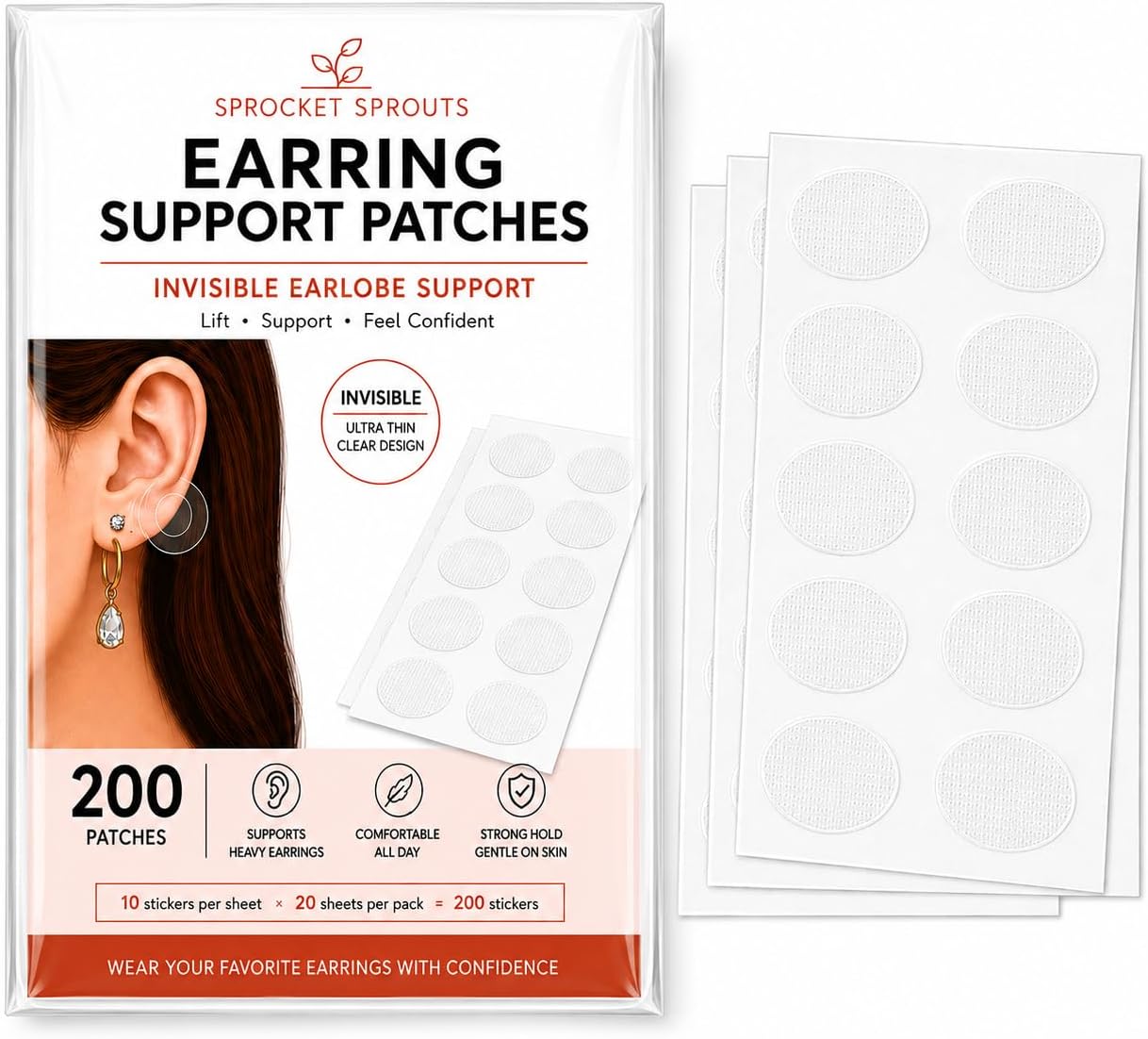 Earring Support Patches for Heavy Earrings – 200 Count Invisible Ear Lobe Support Patches for Stretched, Torn & Droopy Earlobes – Clear, Latex-Free, Strong Hold, Comfortable All-Day Wear