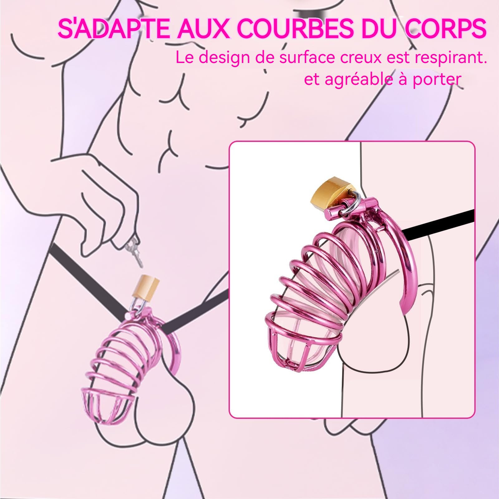 Cage Pour Pénis - Chastity Cage Avec Ceinture De Chasteté, Cage De Chasteté Homme Anneaux En 3 Tailles (4 cm, 4,5 cm, 5 cm) Cock Cage Violette En Métal, Cage Pénis Bondage BDSM Sex Toy Pour Hommes