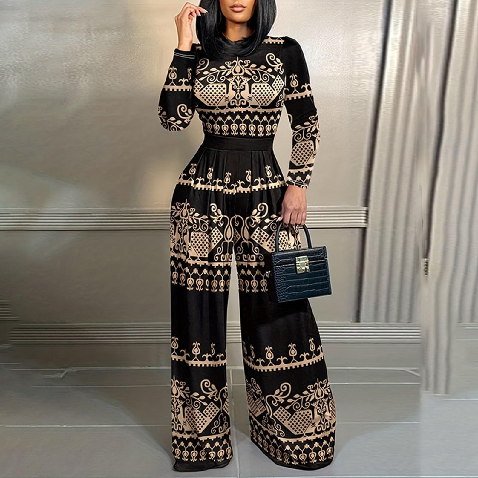 Tenue De Soiree Femme, Combishort élégante décontractée manches longues col montant jambe large