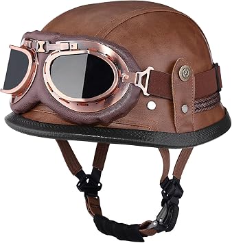 German Style Motorcycle Helmet, DOT Retro Leather Bucket Half Helmet