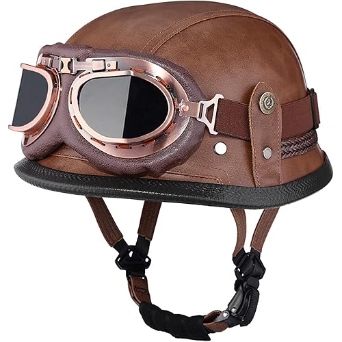 German Style Motorcycle Helmet, Retro Leather Motorcycle Half Helmet Skull Cap for Adult Men Women, Vintage Open Face Half Shell Helmet for Cruiser Scooter Chopper, DOT Approved