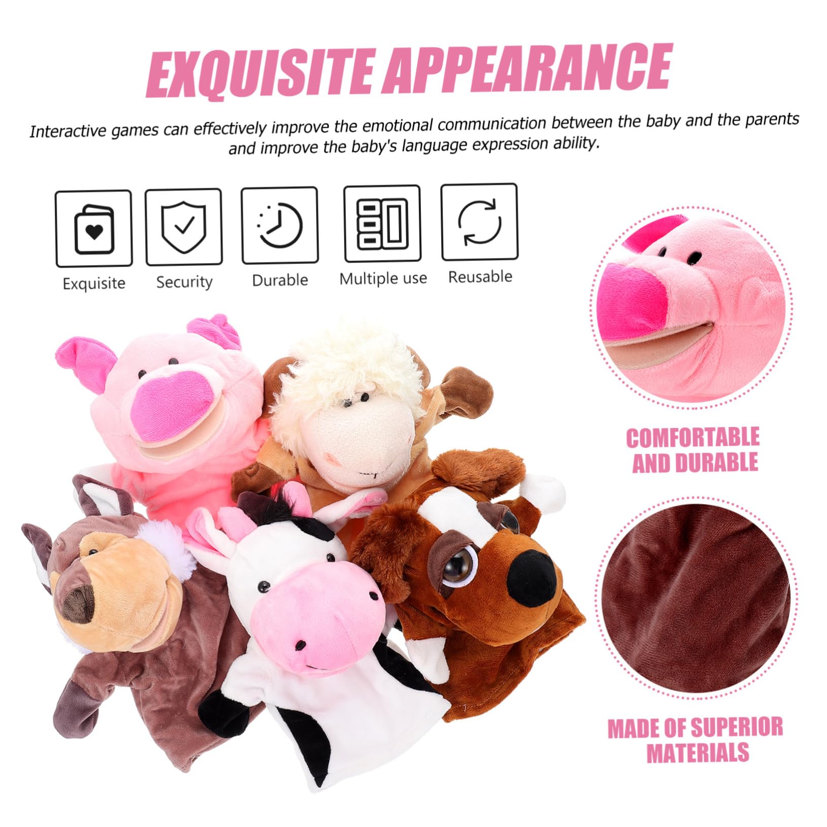 Marionetas de Mano Animales 5 Piezas de Peluche Corto | Relleno de Algodón Pp, Uso Interactivo y Juego de Rol, para Cuentos Antes de Dormir y Presentaciones