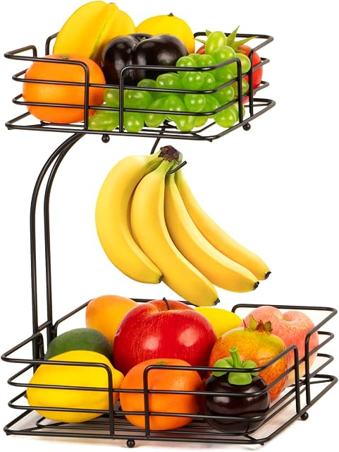 2-Tier Square Fruit Basket, Countertop Detachable Fruit Vegetables Bowl Storage With Banana Hanger, Black