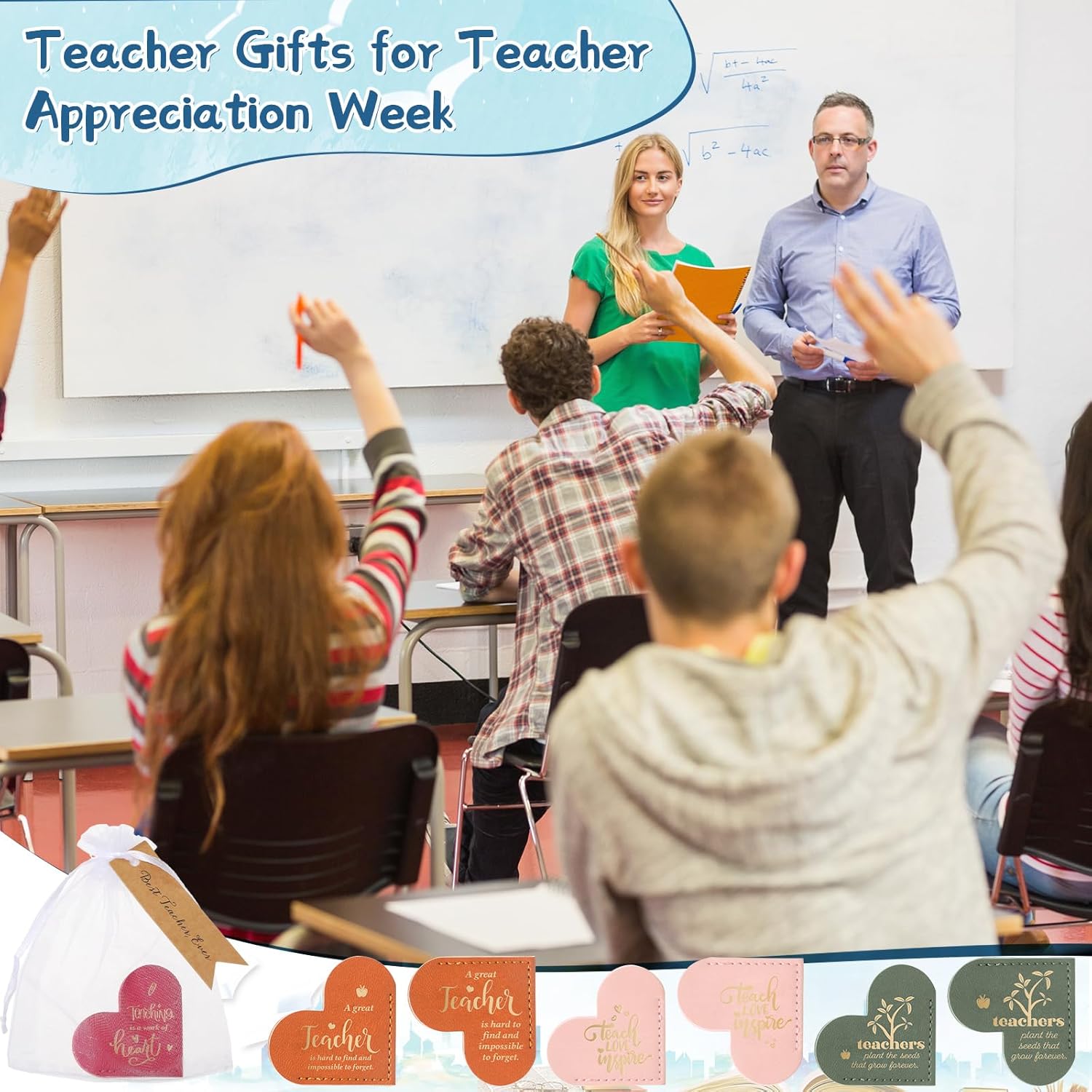 Sinload 60 Sets Thank You Teacher Gifts Bulk Leather Heart Bookmarks Best Teacher Ever Tags with Organza Bags Appreciation Gifts for Thanksgiving Day School Office Supplies