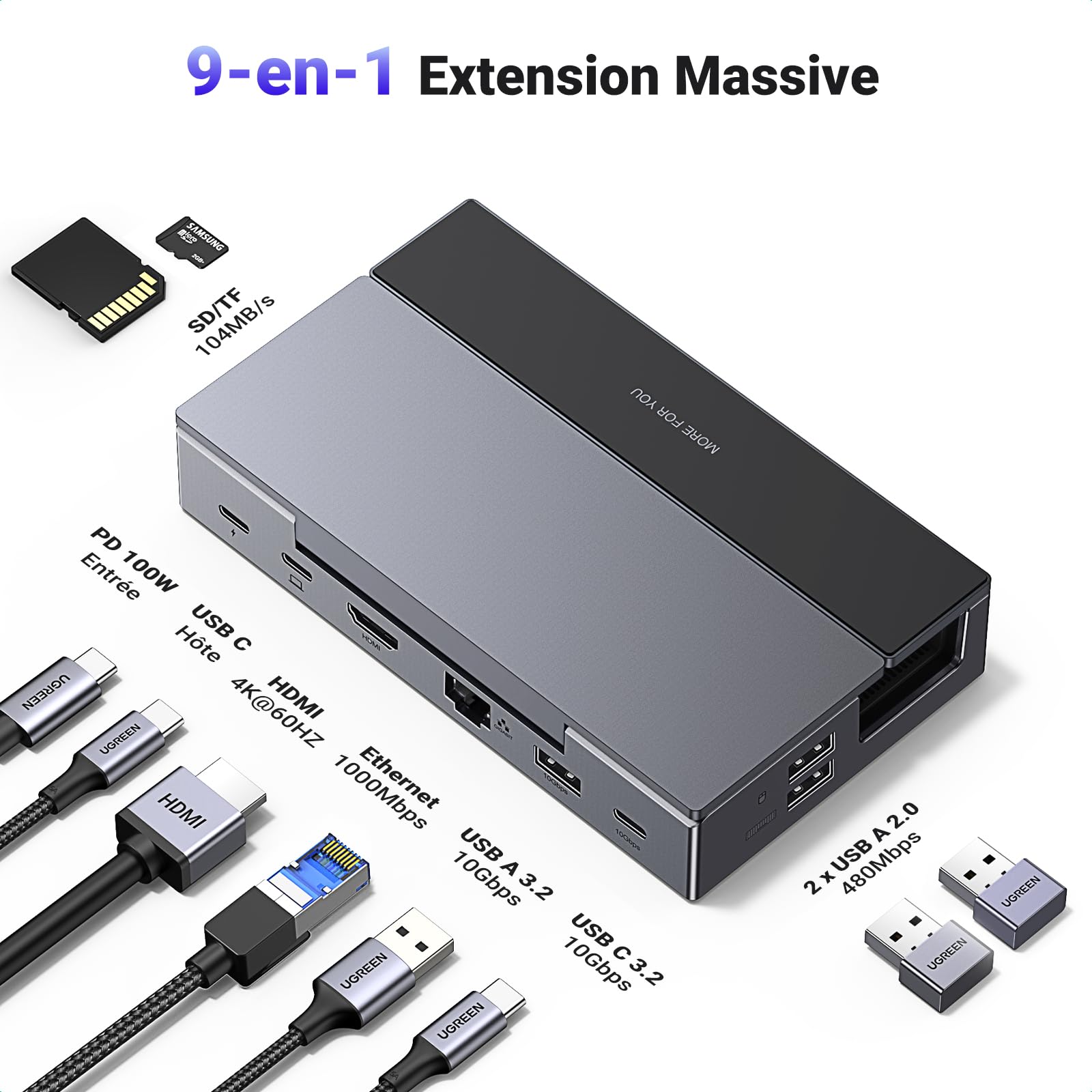 UGREEN 9 en 1 Docking Station Compatible avec Steam Deck OLED ROG Ally X Legion Go Dock USB C HDMI 4K 60Hz Adaptateur Ethernet Gigabit Multi Data Ports 10Gbps PD 100W Lecteur de Carte SD TF