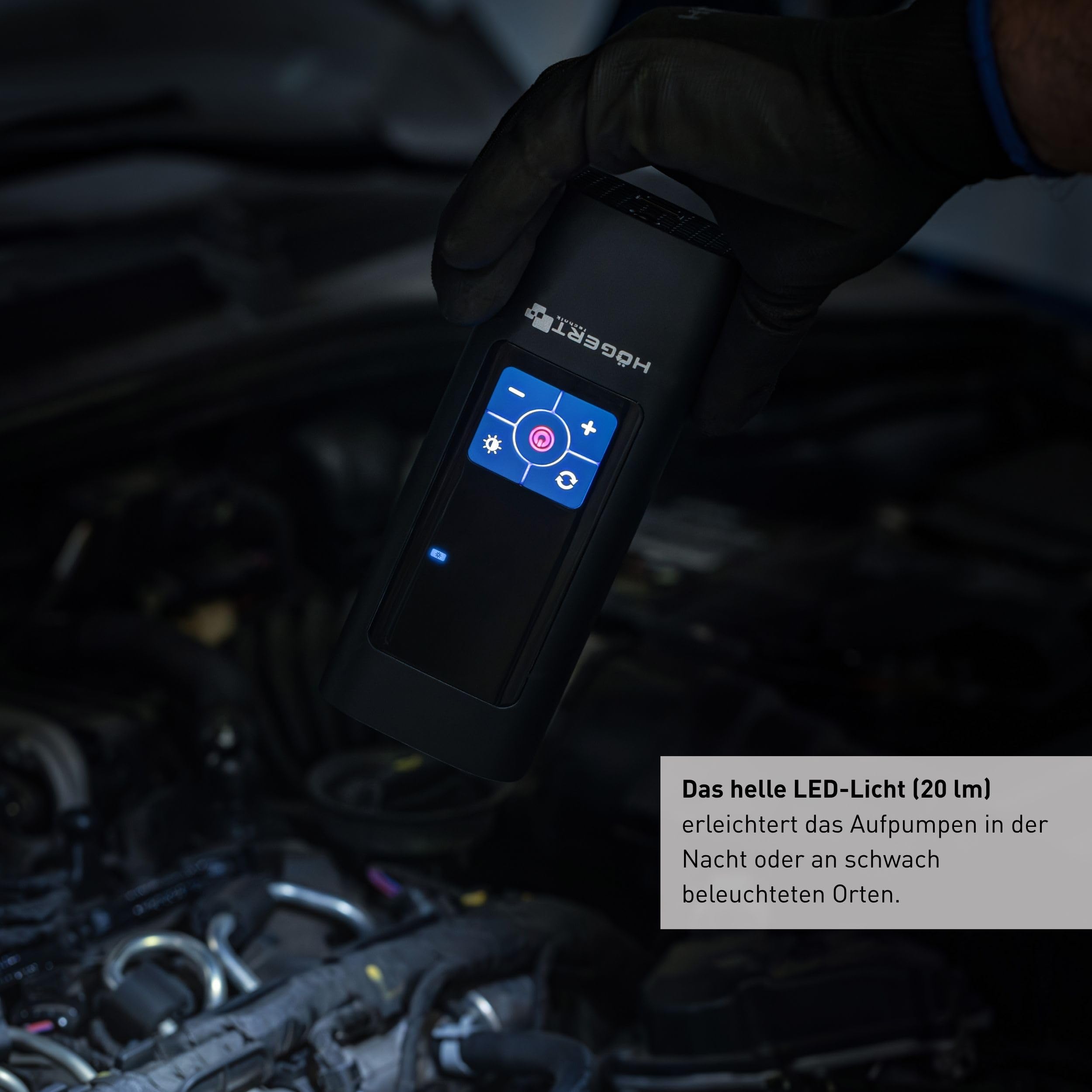 HÖGERT TECHNIK Tragbare Akku Elektrische Luftpumpe 145PSI 3in1, Mini Kompressor mit Powerbank & LED Licht, Mobiler Luftkompressor Fahrradpumpe Auto Motorrad Ball Matratze, USB-C Ladegerät