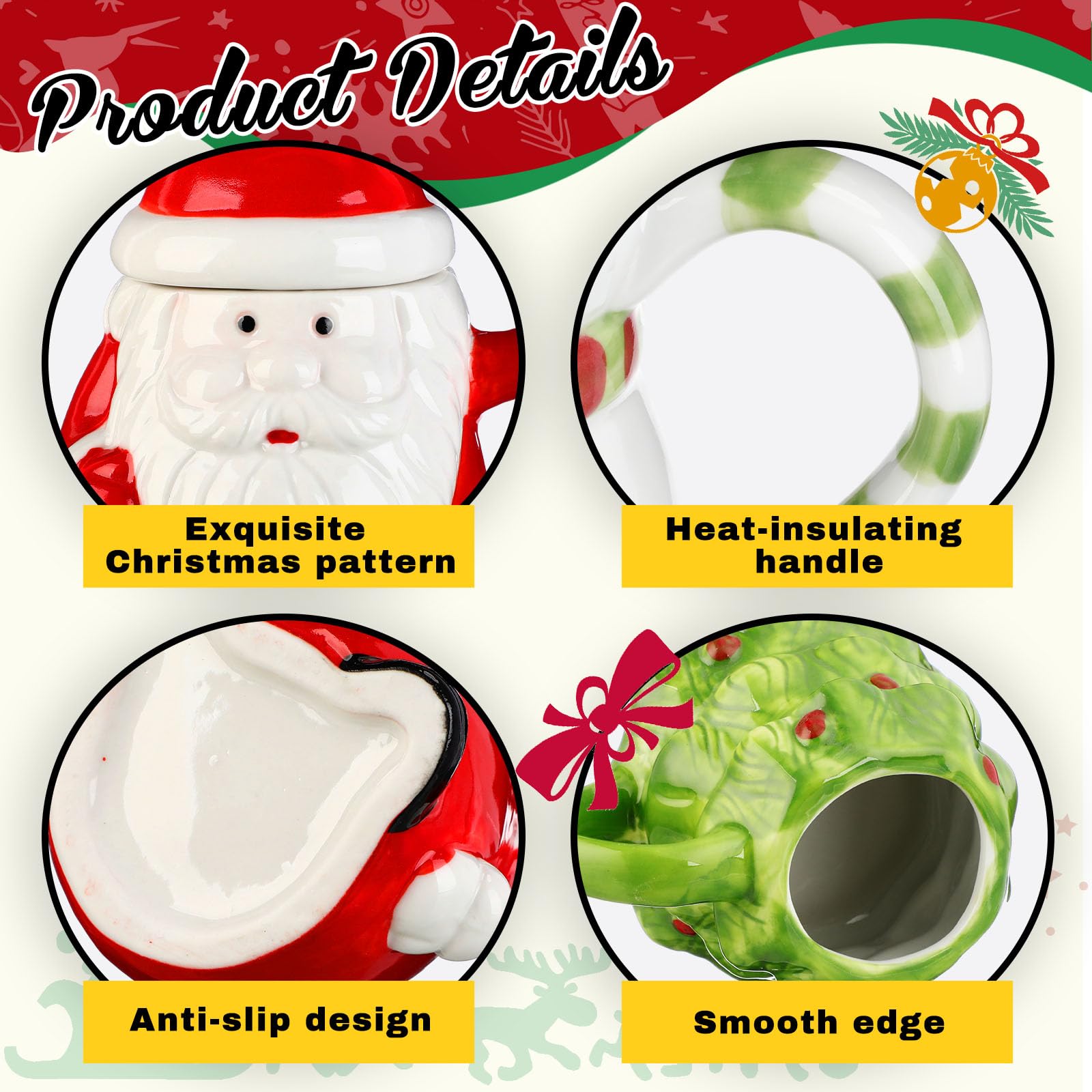 Baderke Niedliche Weihnachtstasse mit Deckel, 4-teiliges Set, 400 ml, Keramik-Kaffeetasse, Weihnachtsmann, Schneemann, Rentier, Weihnachtsbaum, Porzellan, Latte-Teetasse für Urlaub, Weihnachten,