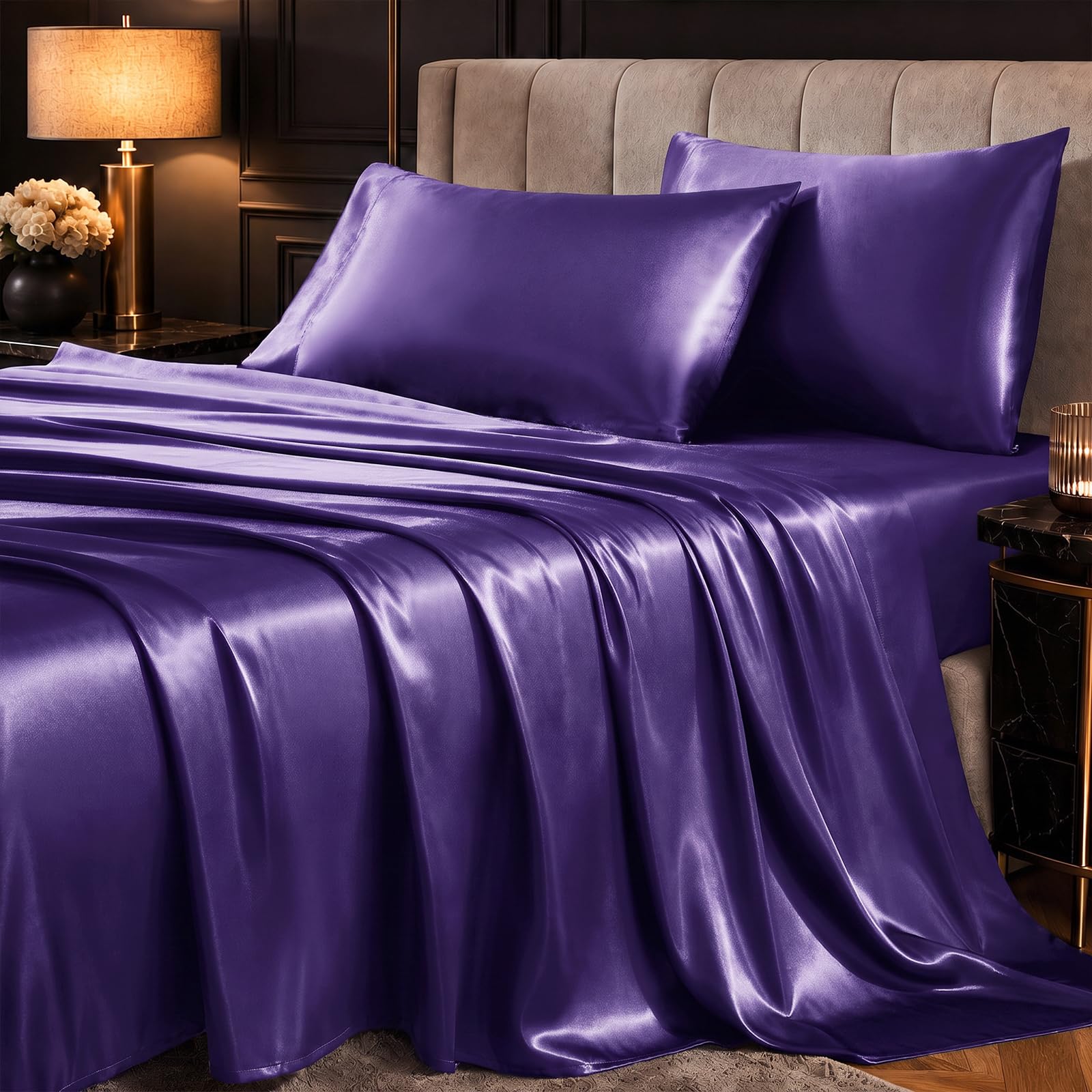 CozyLux Satin Sheets King, 4-Piece 14-Inch Deep Pocket Sheet Set