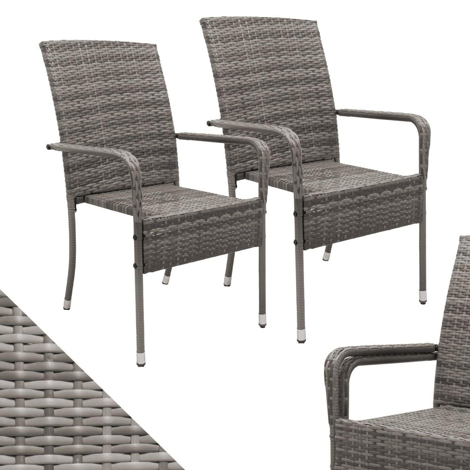Juskys Yoro 2er-Set Polyrattan-Gartenstühle mit Armlehnen und Rückenlehne (grau-meliert) – stapelbar