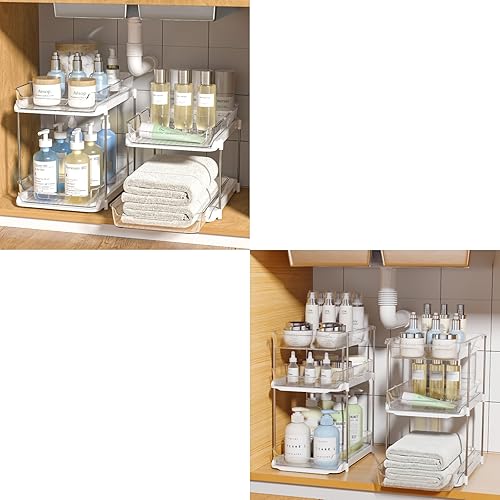 Delamu 2 juegos de organizadores y almacenamiento multiusos de 2 niveles para debajo del fregadero y 2 juegos de organizadores y almacenamiento de 3