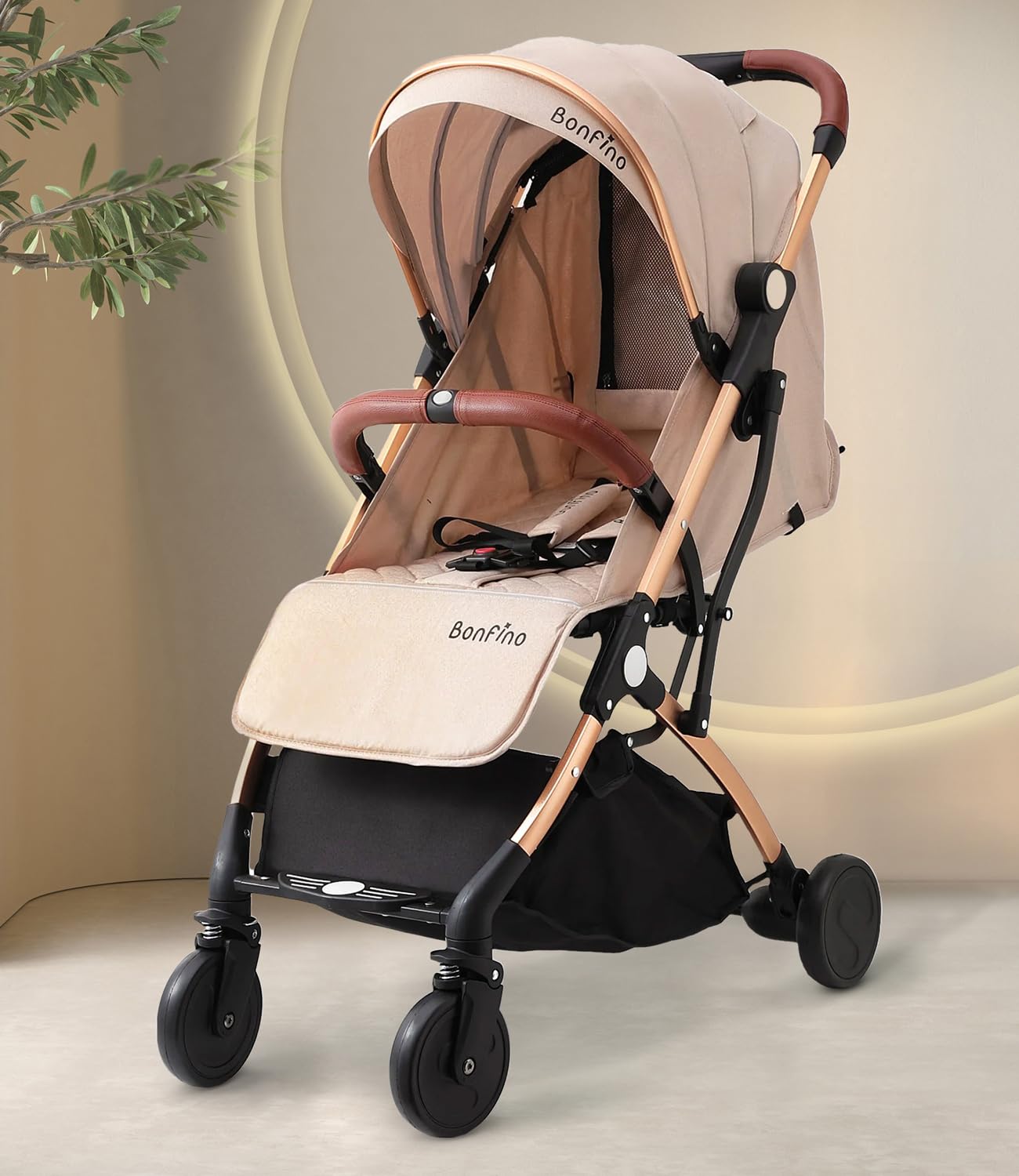 Bonfino Premium Runway Cabin Stroller with Adjustable Canopy & Reclining Seat, Foldable Baby Pram with 5 Point Safety Harness, Storage Bag, Mosquito Net & Bottle Holder, Trolley Handle,0-3 Years,Beige-image-45