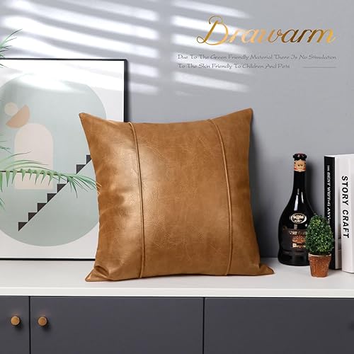 Miniatura 5 de BRAWARM Fundas de almohada de piel sintética de 20 x 20 pulgadas, funda de almohada de piel sintética con ribetes, almohada de piel sintética cosida