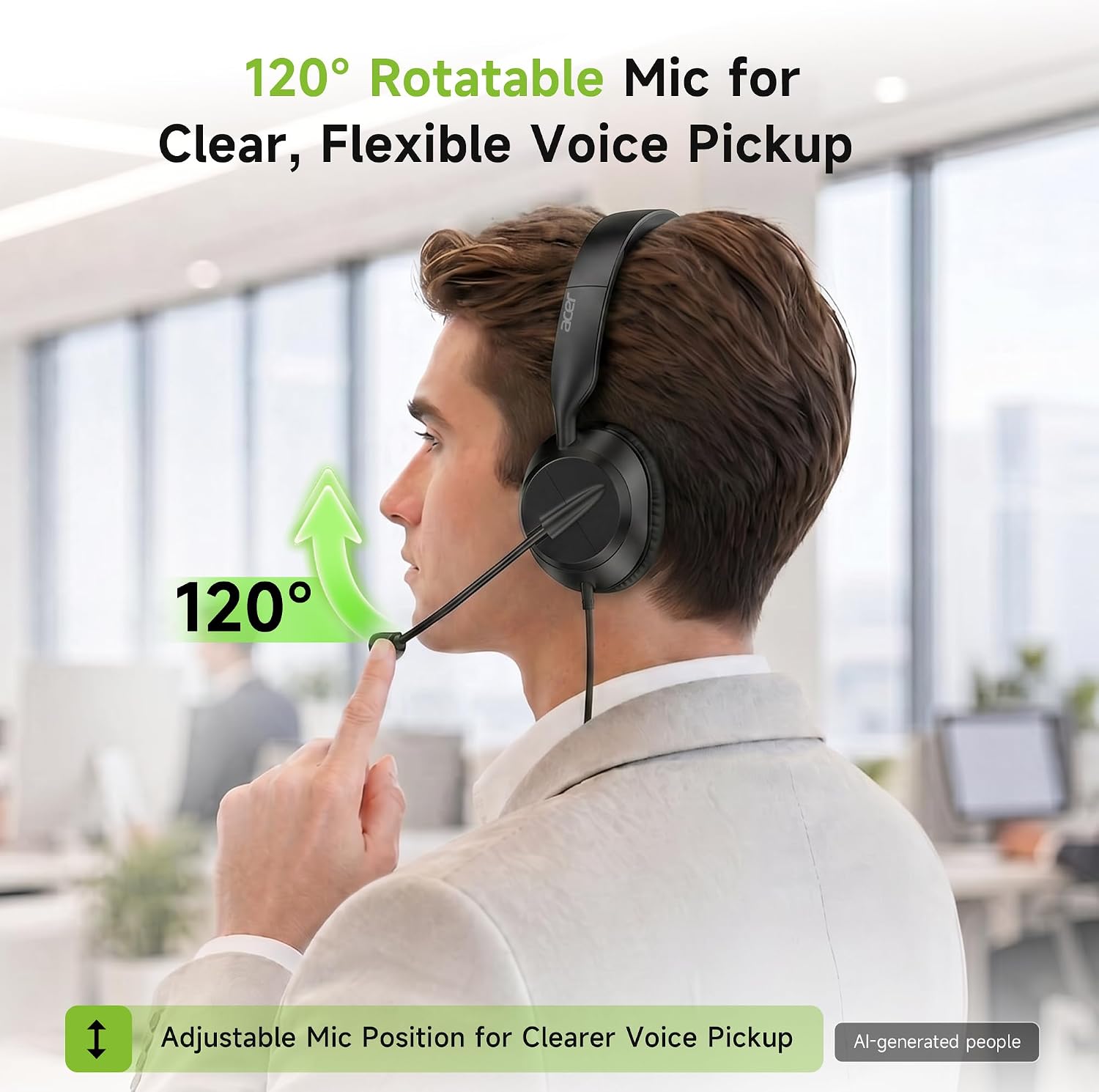 Acer Headset with Microphone for PC - ENC Noise Cancelling Headphones with Mic, Dual USB C Headset with Microphone & USB, 40mm Drivers Wired Headset with Mic for Work, Call Center Headset for Office