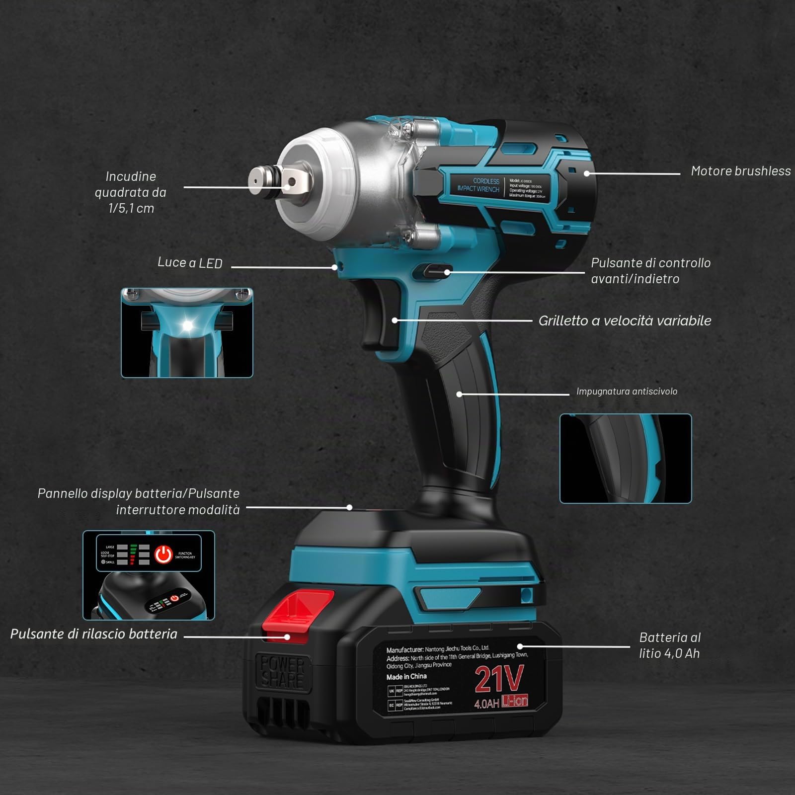 Ctalyn 21V Avvitatore a Impulsi Brushless, 300N.m 1/2 Pollice, Batteria 4000mAh, 6 Prese, Motore Senza Spazzole, Alta Capacità di Foratura per Metalli