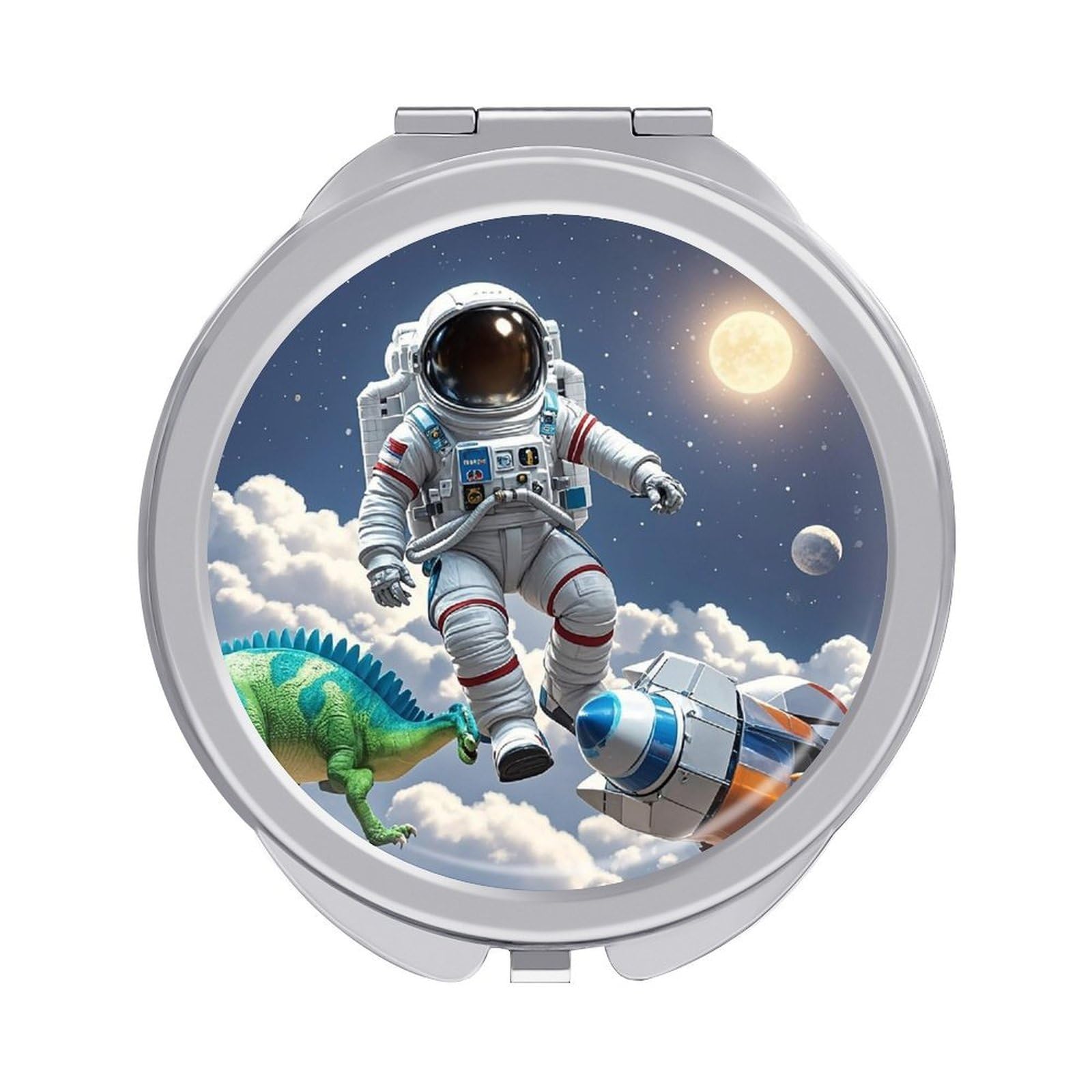VstaDank Funny Astronaut Dinosaur Rocket Compact Mirror for Purses Round Fashion Travel Makeup Mirror 2X /1x Magnifying Double Sides Mini Mirrors Portable Pocket Mirrors for Handbag Purse Women Gift