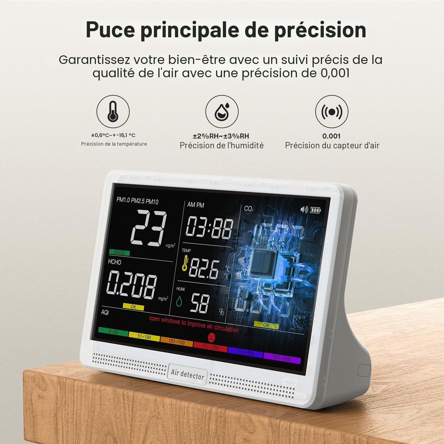 bonoch Appareils Mesurant Qualité Air Intérieur 16en1,7" Détecteur CO2 12h