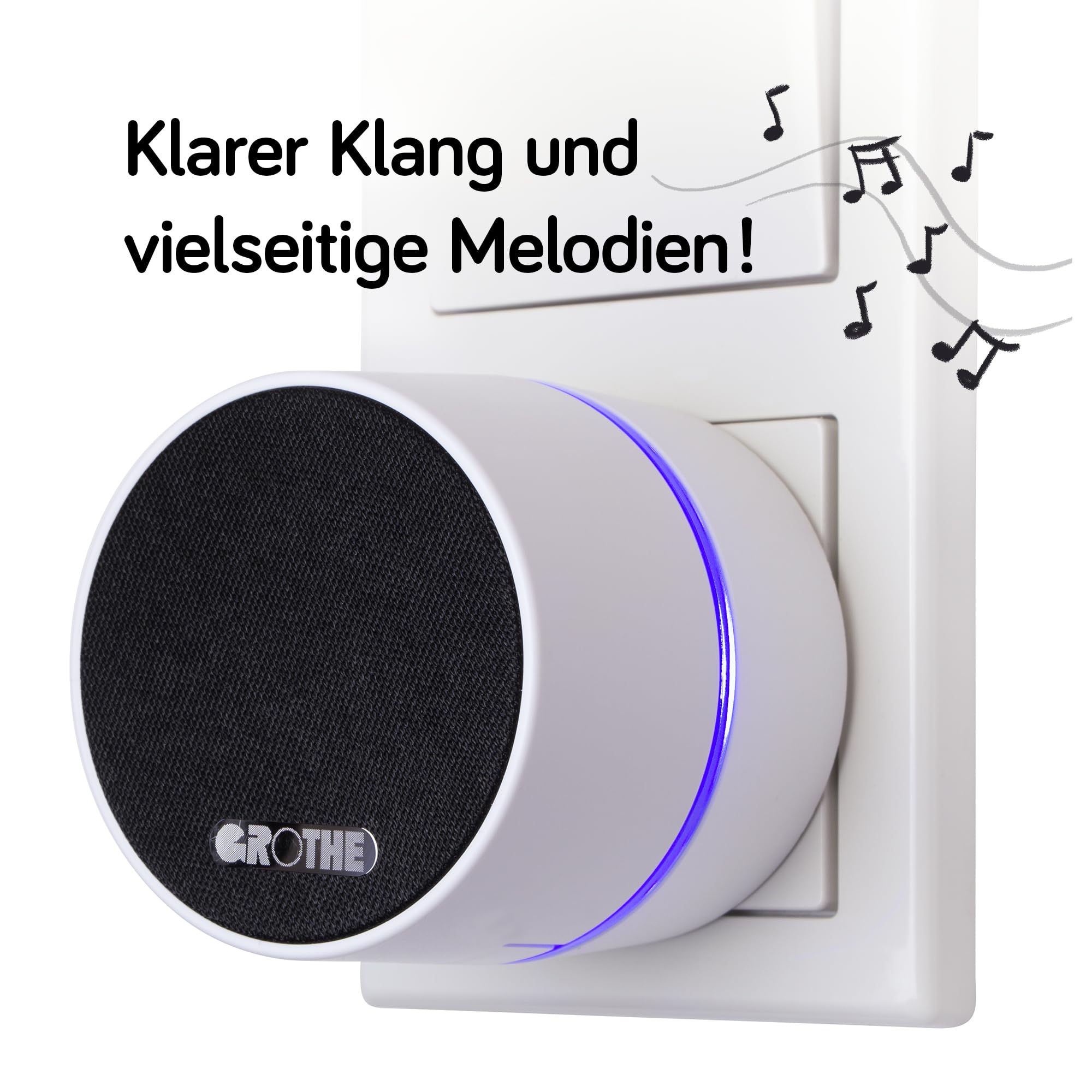 Grothe Mobile Funkklingel Türklingel Funkgong Empfänger ohne Taster Kabellose Türglocke 500m Reichweite 13 Melodien Steckdosenbetrieb Weiß CALIMA 400E (Optische Signalanzeige durch farbigen LED-Ring)