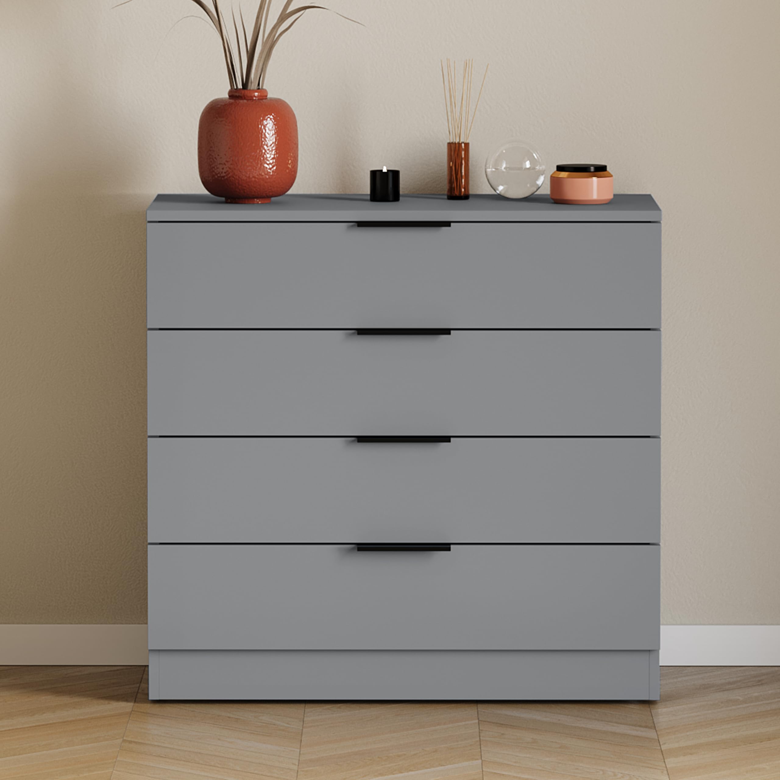 Vida Designs Trega Kommode mit 4 Schubladen | Grau | 74 H x 66 B x 36 T cm | Platzsparende Stauraumeinheit | Schubladenstütze gegen Durchbiegen | Minimalistische | Leichtgängige Schubladenführungen