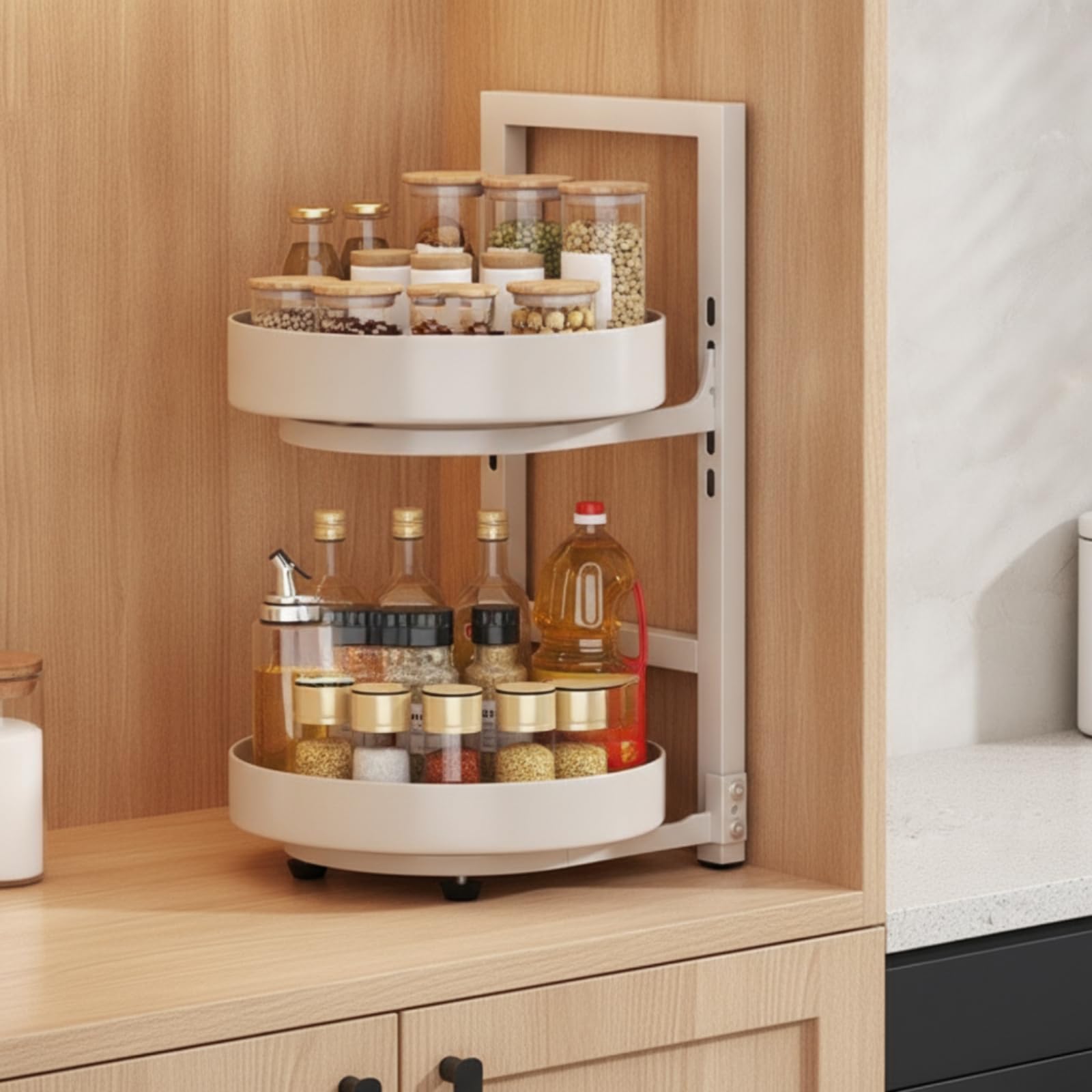 Étagère à Épices Compact Organisateur Cuisine peu Encombrant Rangement, Double Couche, Blanc Laiteux