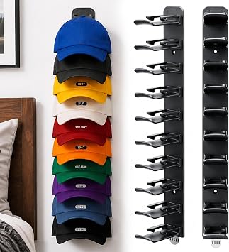 Voerou Hat Organizer for Baseball Caps 2Pack, Wall Rack Holds 20 Hats | Strong adhesive, mounts on wall/door/closet, holds 20 caps, compact 14.17" x 1.57" x 2.95", 2-pack.