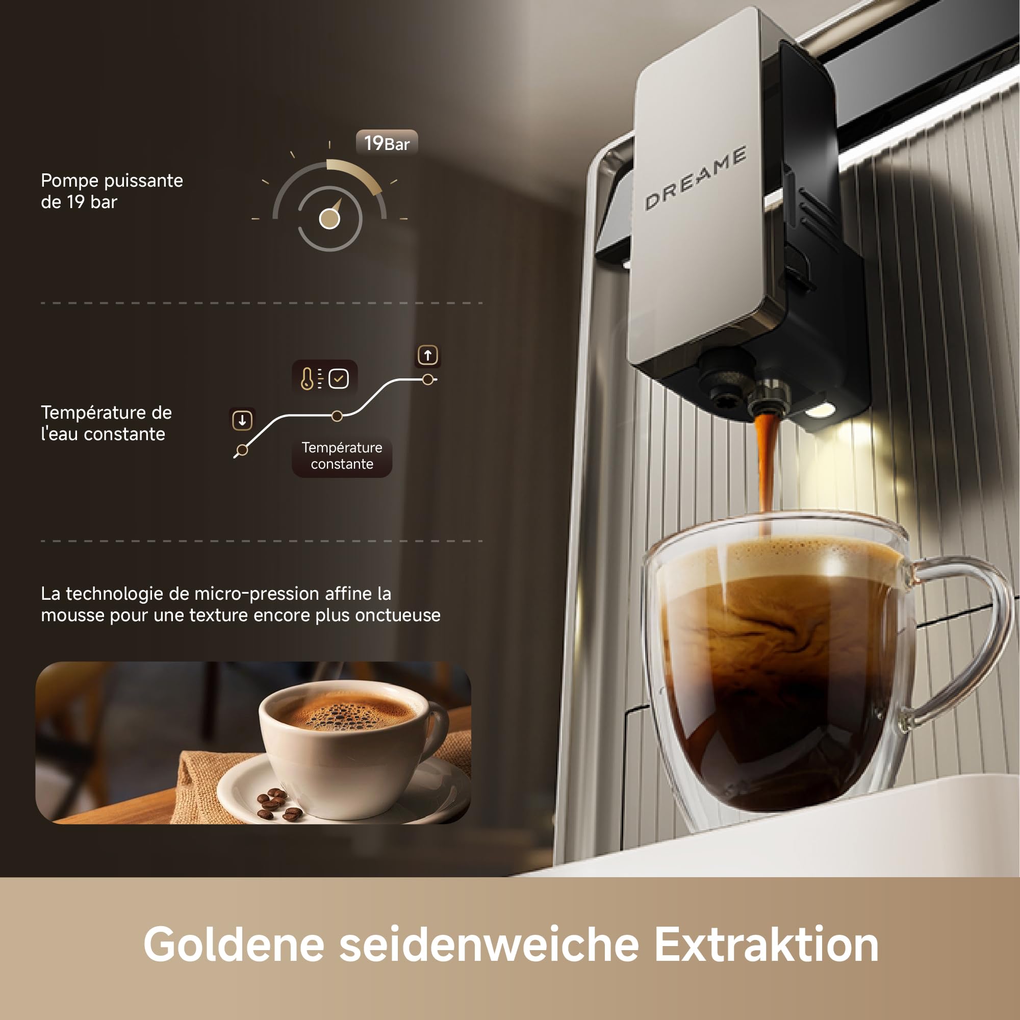 dreame Ecceluxe Slim Espresso-Vollautomat Kompakte Größe, Geschmack der Meisterklasse. Vollautomatische Komplettreinigung. Ein-Tasten-Touchscreen für fünf Kaffeespezialitäten