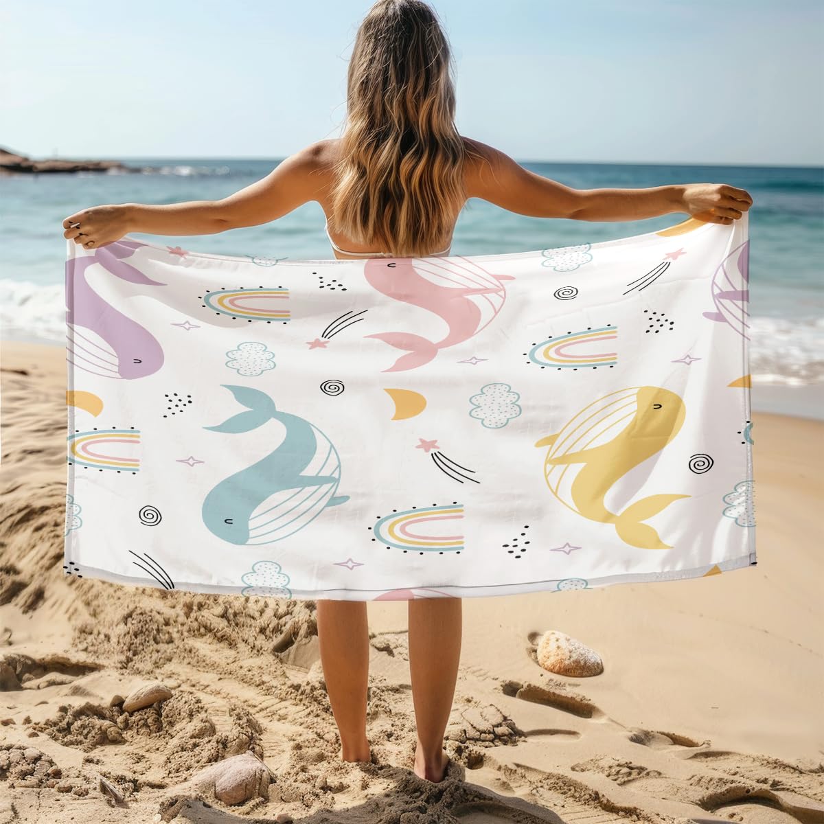Serviette de Plage Baleine Rose Jaune Serviette de Bain Sport Piscine Toilette Microfibre Piscine Anti Sable Drap de Plage Bain xxl Ultraléger Portable Towel Absorbant Séchage Rapide 200x220cm