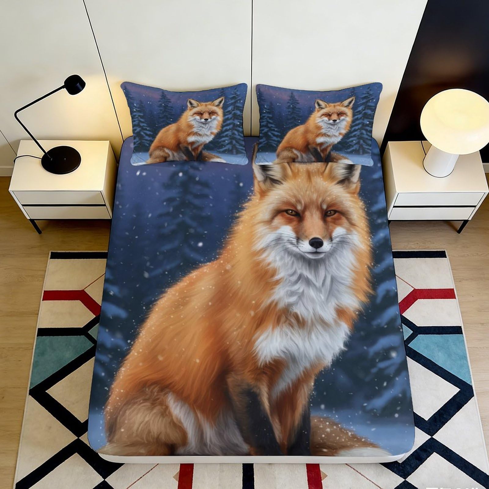 3D Printed Fox Forest Fitted Sheet Microfiber Anti-Slip Easy Care Bed Cover for Bedroom Guest Room Decor 90x200x25cm