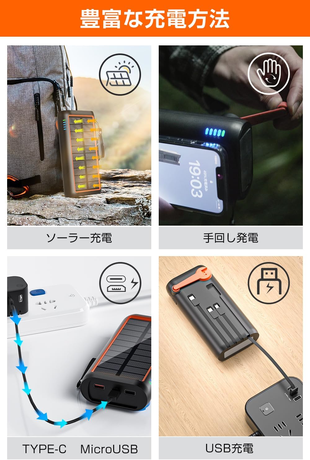 22.5W/PD18W ソーラーモバイルバッテリー 手回し充電 ソーラーチャージ 【モッカ】