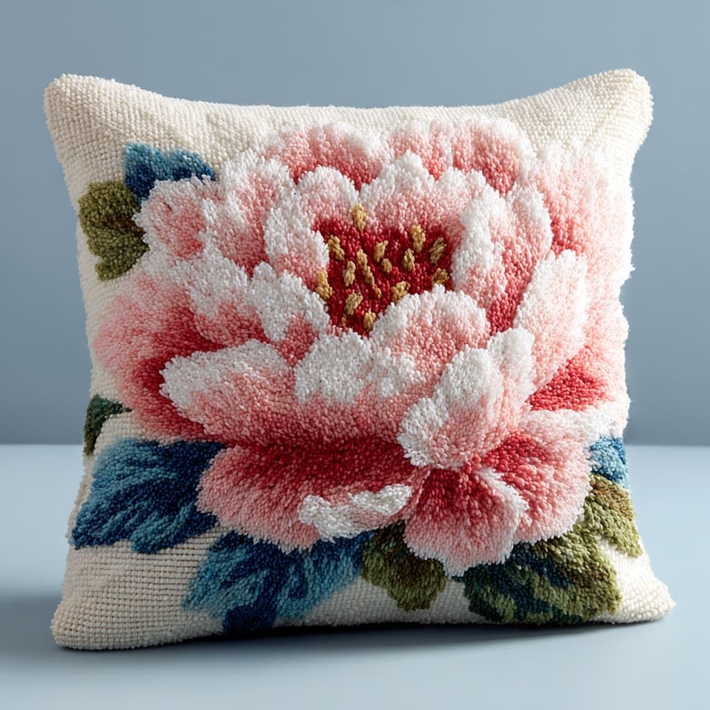 Taxpy Cushion Latch Hook Kits, Peony Flowers Handmade Pillowcase for Beginners DIY Pre-Printed Pattern Needlework Crochet Craft Kits 43X43cm