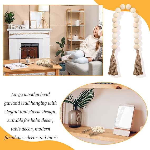 Geetery 2 Adet Çiftlik Evi Boncukları Boho Ahşap Boncuk Püsküllü Çelenk Rustik Dekoratif Boncuklar Ev Dekoru Katmanlı Tepsi Masa Duvar Odası Ülke Süslemeleri için Modern Ahşap Boncuklu Garland Dekoru