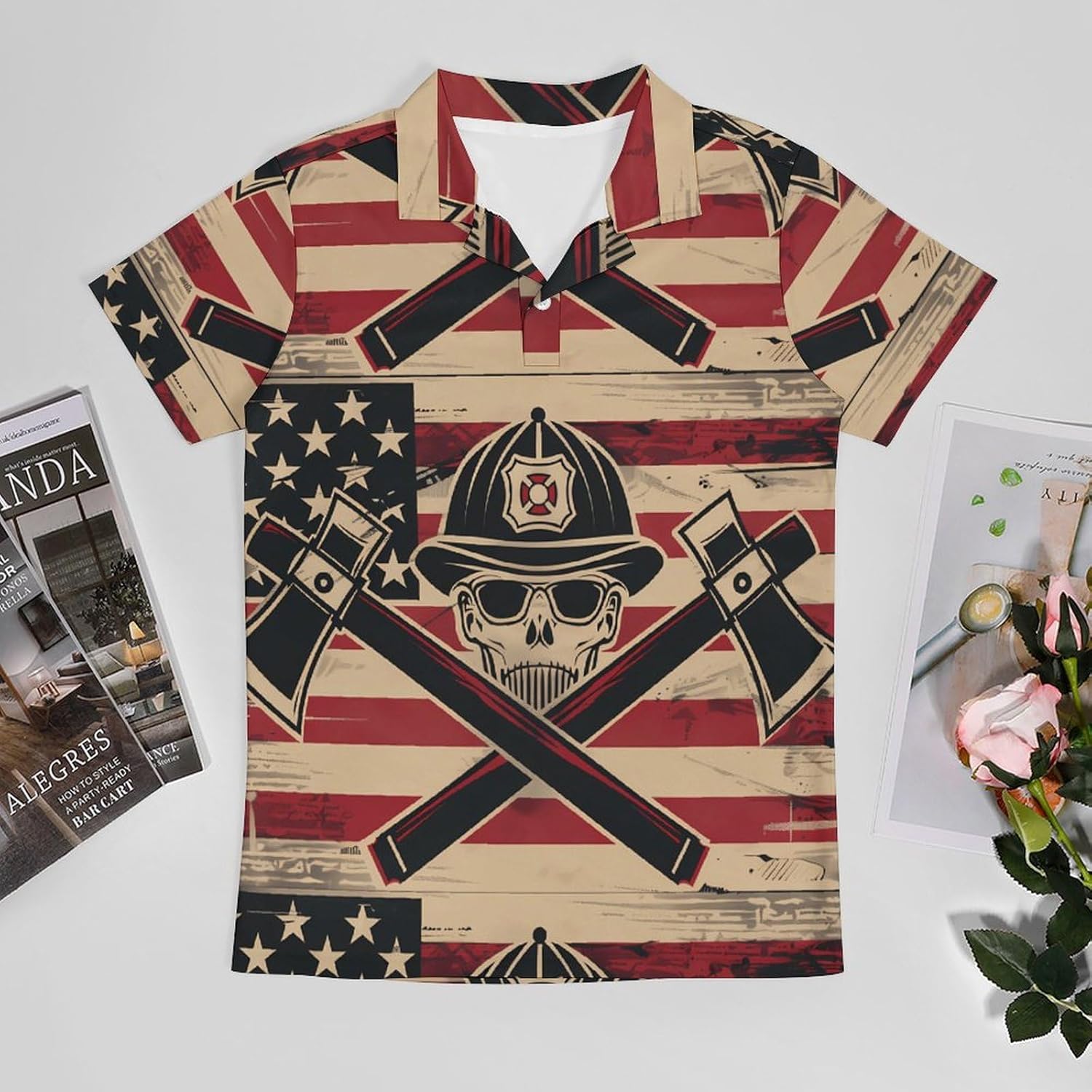 US Flag Skull Firefighter Novelty Men's Short Sleeve Shirt Golf Tennis Shirts Work T-Shirt Sport Tee