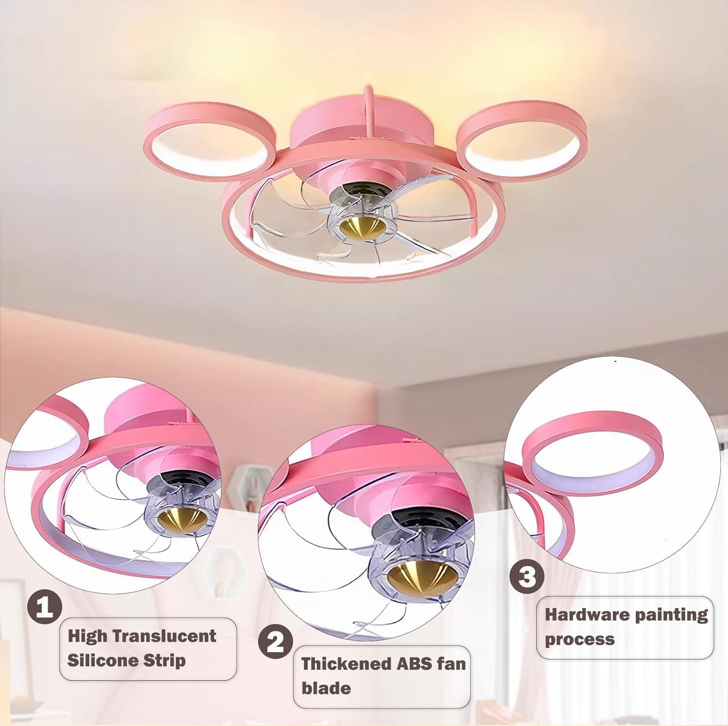 Pink Round Ceiling Fans with Lights Cartoon Mouse Fan Ceiling Light Cute Girl's Room Light for Kids Room with Remote Ceiling Fan Children's Room Living Bedroom Accessories