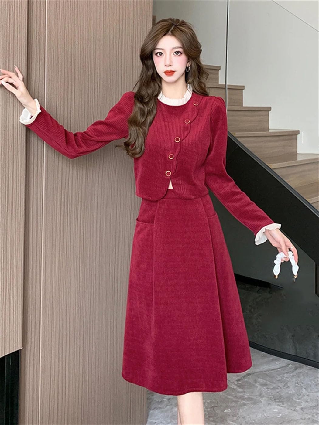 Women's Fashion Corduroy Skirt 2 Pieces Outfit Solid Long Sleeve Cropped Jacket Midi A-Line Skirt Sets