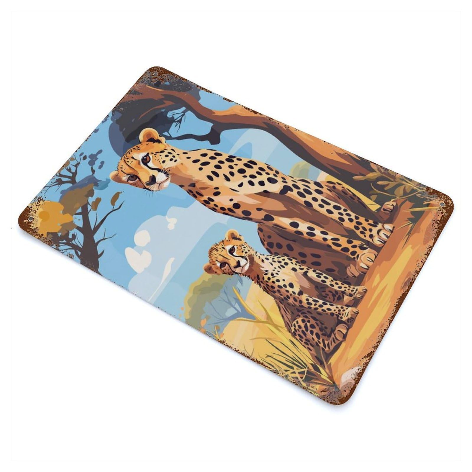 Cheetah Family 11.8"x7.9" Aged Metal Wall Plaque, Novelty Wall Decor for Garage, Bar And Workshop Decor