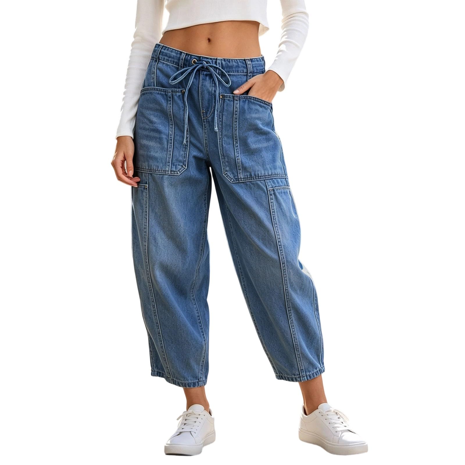 Jean Femme Taille Basse À Cordon Poches Denim Droit Resserré Décontracté