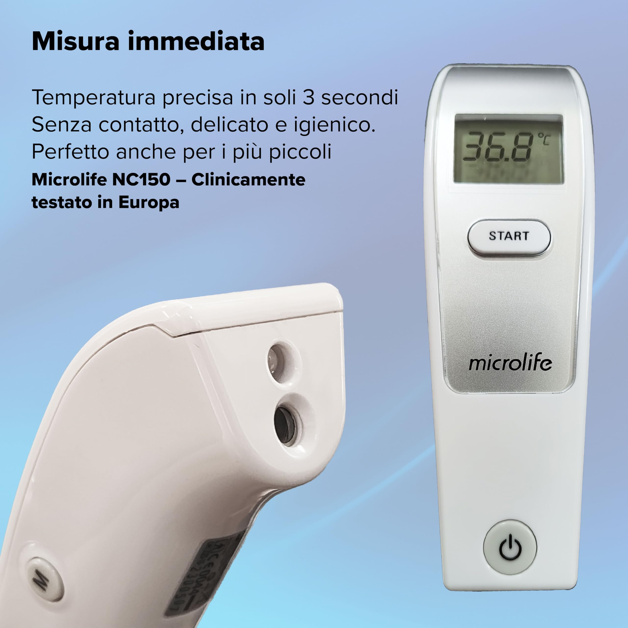 Termometro Frontale Infrarossi - Misurazione in 3 secondi | Termometro Infrarossi per Neonato Bambini Adulti | Senza Contatto | Allarme Febbre >37.5°C | Display LCD | Clinicamente Testato
