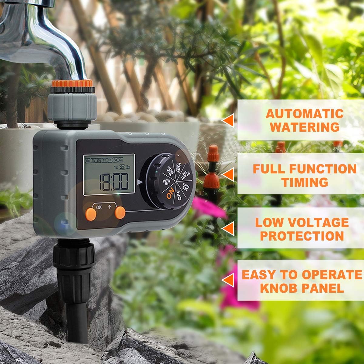 Sprinkler Timer, Water Timer Outdoor Digital Watering Programmable 3/4" Single Outlet/2.5" Screen/IP54 Waterproof/Auto&Manual Faucet Hose Timer, Automatic Watering System Controller, micmi