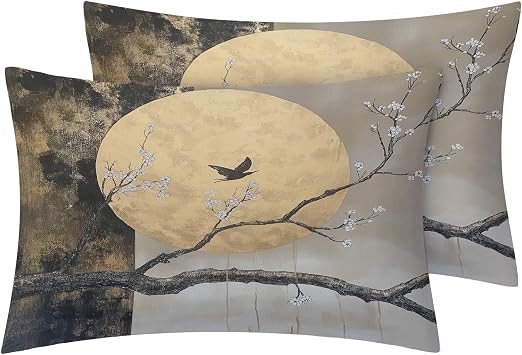Bird Floral Pillow Cases Standard Size Set of 2, Spring Flower Pillowcase & Home Decor, Tree Branch Abstract Moon Pillow Covers 20x26, Pillow Shams with Zipper, Soft Breathable