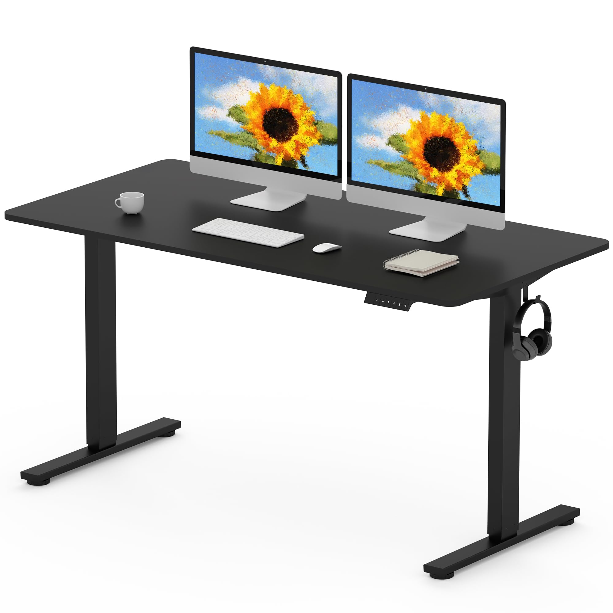 FLEXISPOT 160 x 80cm Electric Standing Desk ONE PIECE Height Adjustable Desk Sit Stand Desk with 4 Memory Smart Panel and Backpack Hook for Home Office, (Black Frame+Black Desktop) — image 1