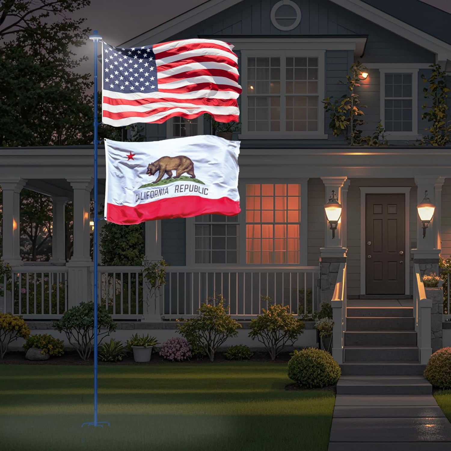 ZMTECH 12 FT Heavy Duty Flag Pole with Solar Light & 5 Pronges Base in Ground for Yard, Tangle Free Spinning Stainless Steel,Windproof, Fit for 2 Flags, 1 Pack, Blue