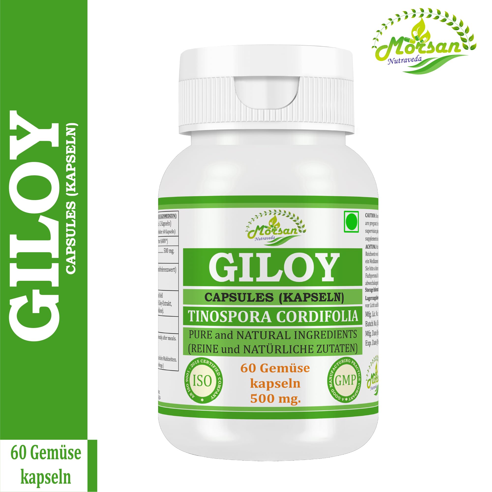 Giloy (Guduchi) Capsule 500 mg – 60 Capsule vegane | Estratto di Tinospora cordifolia ad alto dosaggio (10:1) | Integratore alimentare ayurvedico per uomini e donne (1 flacone da 60 capsule)